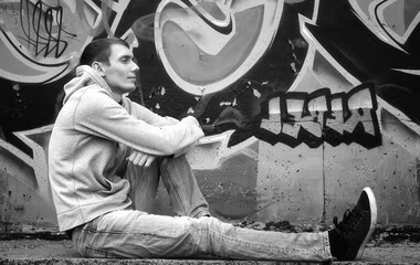 man in a hoodie black and white
