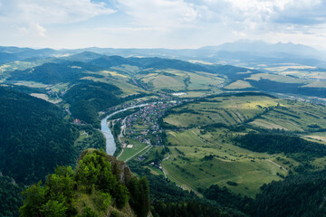 View from the popular peak in Pieniny (Three Crowns, Tri Koruny, Trzy Korony). In the valley you can see the villages where the popular tourist attraction on the Dunajec River begins - Timber rafting.