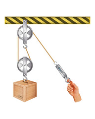 Pulley. Pulleys with different wheels. Force increase by pulley blocks. Pulley system. Loaded movable pulleys. Mechanical Power. The laws of motion. Load versus effort. Science experiment with pulley.