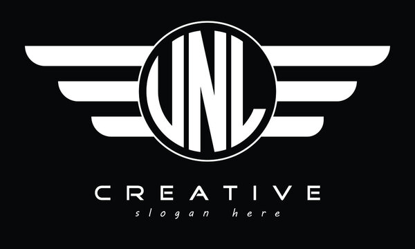 UNL three letter circle with wings logo design vector template. wordmark logo | emblem logo | monogram logo | initial letter logo | typography logo | business logo | minimalist logo |