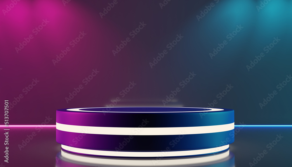 Poster sci-fi futuristic podium,empty showcase blank product pedestal for product presentation. blue glowin
