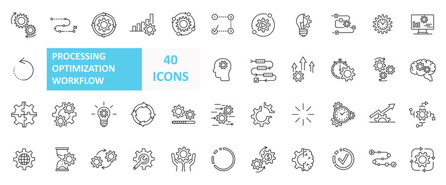 Set of Processing Optimization Workflow Related Vector Line Icons. Simple line art style icons pack. Vector illustration