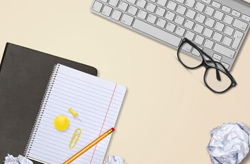 Office workplace desk table top view with office supply. Workplace composition