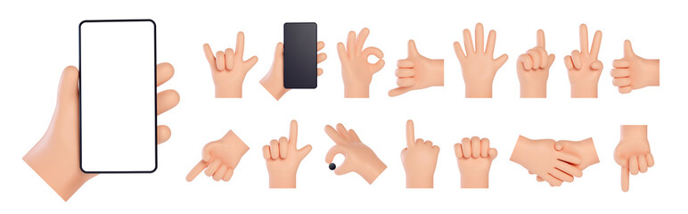 High quality 3D hands gestures. Mega set with hands showing different gestures. Friendly funny cartoon style isolated on white background.