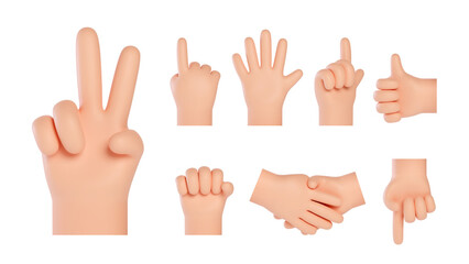 Set with hands showing different gestures. High quality 3D hands gestures. Friendly funny cartoon style isolated on white background.