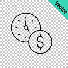 Black line Time is money icon isolated on transparent background. Money is time. Effective time management. Convert time to money. Vector