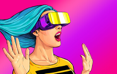 Fototapeta Wow! Excited  girl in a VR glasses surprised with what she saw. She is touching something and express the emotions from this experience. Futuristic lifestyle. obraz