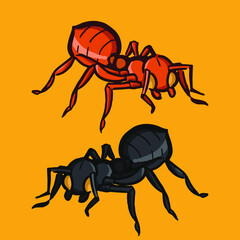 Red and black ants illustration with yellow eye