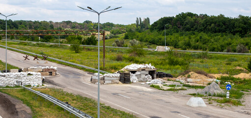 War in Ukraine. Checkpoint. Defensive structures.
