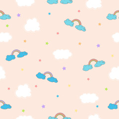 cute cloud with rainbow and colorful stars illustration on pink background. seamless pattern, hand drawn vector. cute sky for wallpaper, fashion print, kids fashion, nursery, wrapping paper, fabric. 