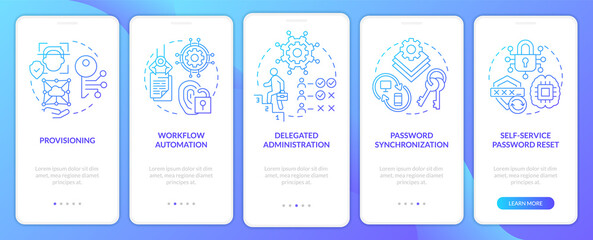 Management of identities blue gradient onboarding mobile app screen. Users walkthrough 5 steps graphic instructions with linear concepts. UI, UX, GUI template. Myriad Pro-Bold, Regular fonts used