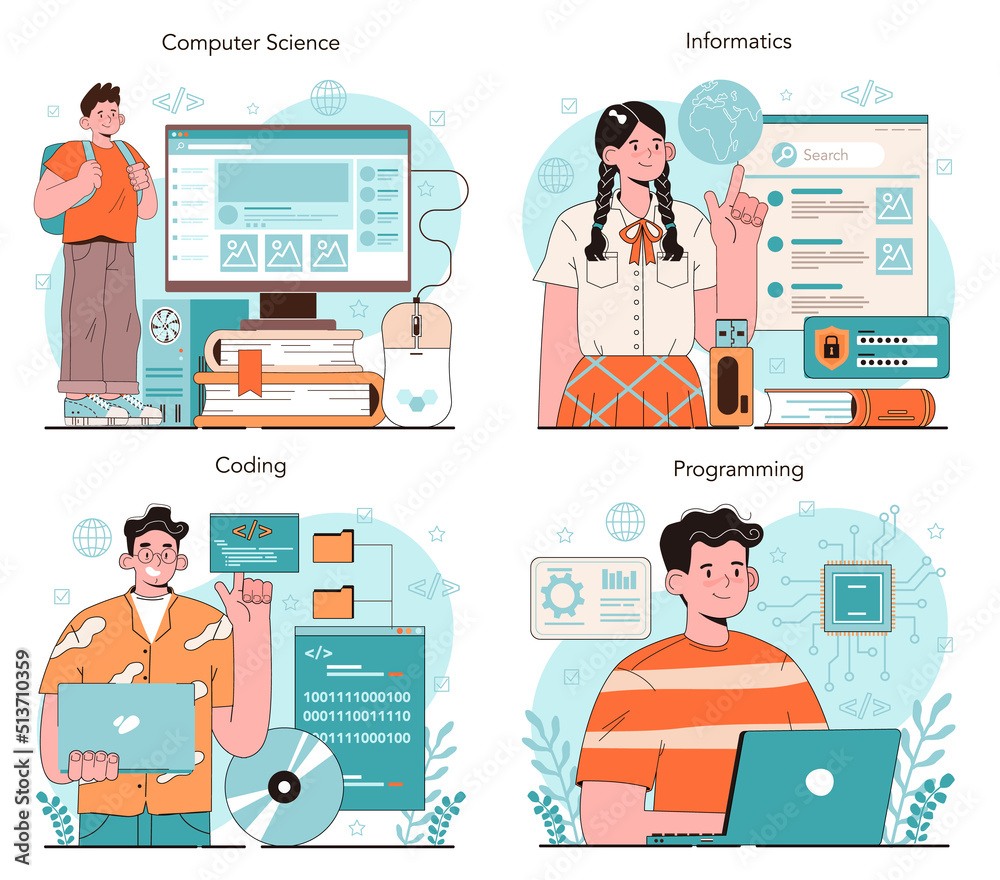 Poster it education concept set. student write software and create code