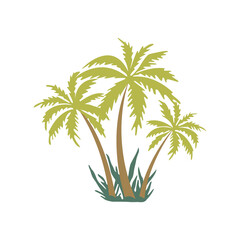Fototapeta na wymiar Three palm trees on the island. Green bushes around. Hot summer season, tropics. Time for rest and relaxation. Colorful vector isolated illustration hand drawn print or poster