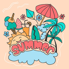 summer-hand drawn lettering. summer background. cute poster and flyer for summer holiday. pastel color, pink, blue and orange colors. hand drawn vector. palm tree, flower, umbrella, kite, sun,icecream