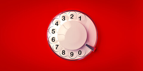 Rotary dialer with red background, retro and vintage, 3d render illustration - obrazy, fototapety, plakaty