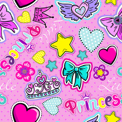 Cute Seamless Pattern for Princess girl with hearts, love, crown, star, flower and other elements for princess on pink Background