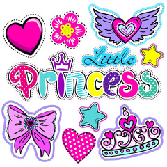 Set of cute stickers with hearts, love, crown, star, flower and other elements for princess girl, Girlish elements in bright colors isolated on white background. Fashion patch in cartoon style. © artlavi_design