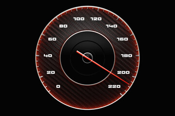 3D close-up illustration of a black dashboard of a car, a digital bright speedometer with a red...