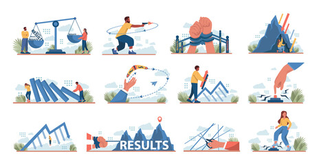 Consequences concept set. Character making action and dealing