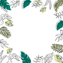 Fototapeta premium floral frame, border. fresh leaf illustration on white background. hand drawn vector. nature background. unique leaf. foliage icon. wallpaper, greeting and invitation card, poster, postcard, banner. 