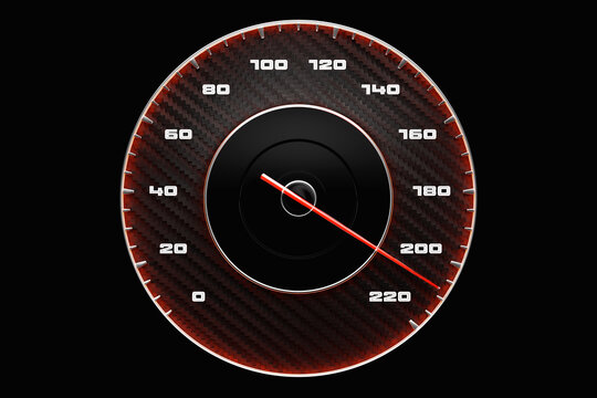3D close-up illustration of a black dashboard of a car, a digital bright speedometer with a red arrow in a sporty style.