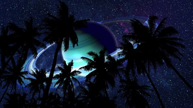 Bottom view of silhouettes of palm trees with leaves moving in the wind, against the backdrop of a night sky with a myriad of sparkling stars and the large mother planet of the gas giant with rings.