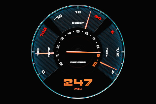 3D illustration new car interior details. Speedometer shows 247 km h , tachometer  with  black  backlight . Сlose up black car panel, digital bright speedometer in sport style.