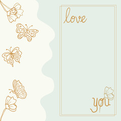 love you-hand drawn lettering with beautiful flower and butterfly illustration. gold and blue color. hand drawn vector. blank space design template for greeting card, postcard, wedding invitation. 