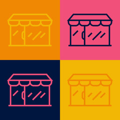 Pop art line Shopping building or market store icon isolated on color background. Shop construction. Vector