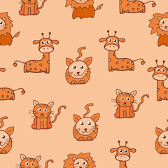 cute baby animal icon. seamless pattern with animal on orange background. hand drawn vector. lion, giraffe, cat and kitten illustration. doodle art for wallpaper, fabric, textile, wrapping paper. 
