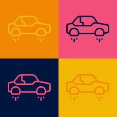 Pop art line Fantastic flying car icon isolated on color background. Hover car future technology future transport. Vector