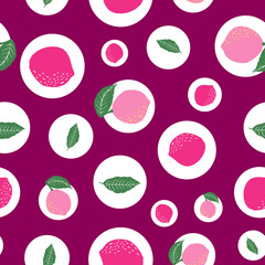 Pink lemons and circles vector repeat pattern design on purple background