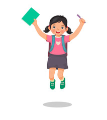 Happy little girl student with backpack holding book and pen jumping feeling excited to be back to school