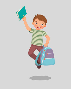 recommend clip art: Happy little boy student holding backpack and book jumping feeling excited to be back to school
