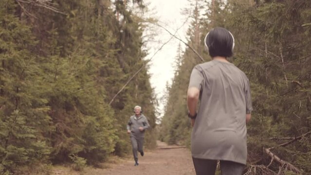 Tracking slowmo of couple of active seniors jogging along forest trail in morning in different directions, smiling to each other