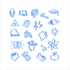 The hand drawn set of development objects books globe music ideas health care recreation etc