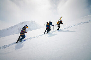 Three friends snowboarders skiers go uphill with a snowboard and skis in their hands for...