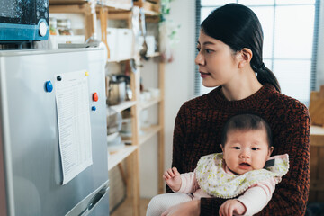 asian cute infant girl is looking at the camera with innocence in her mother’s arm while her mother is checking a list on refrigerator in the kitchen at home.