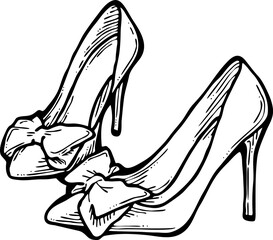 Sexy beautiful feminine woman shoes with elegant  high heels. Luxury clothing lifestyle. Disco club 80s romantic fashion. Hand drawn retro vintage vector illustration. Old style comic cartoon drawing.