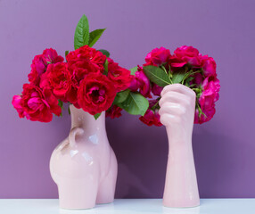 bouquet of pink roses on a lilac background