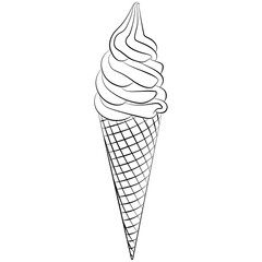 creamy twisted soft ice cream waffles, ice cream cones wafer sketch drawing, contour lines drawn