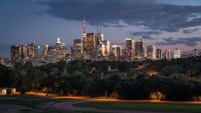 Panoramic view of modern buildings in the Toronto financial district at dusk, Toronto, Ontario, Canada.