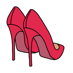 Sexy beautiful feminine woman shoes with elegant  high heels. Luxury clothing lifestyle. Disco club 80s romantic fashion. Hand drawn retro vintage illustration. Simple colorful line drawing.
