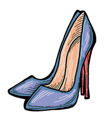 Sexy beautiful feminine woman shoes with elegant  high heels. Luxury clothing lifestyle. Disco club 80s romantic fashion. Hand drawn retro vintage illustration. Old style comic cartoon drawing.