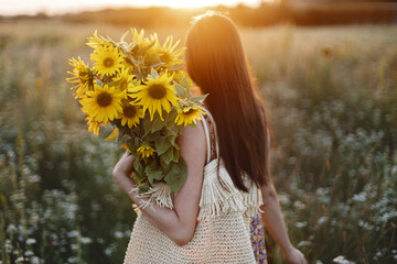 Beautiful woman gathering sunflowers in warm sunset light in summer meadow. Tranquil atmospheric...