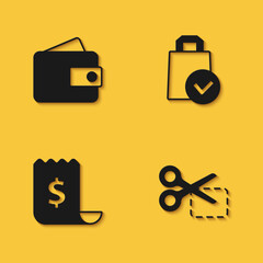 Set Wallet, Scissors cuts discount coupon, Paper check and financial check and shopping bag icon with long shadow. Vector