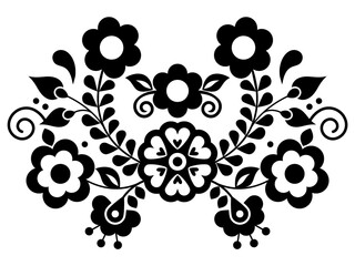 Mexican folk art embroidery style vector pattern with flowers, black and white greeting card pattern inspired by folk art from Mexico
- 513720147