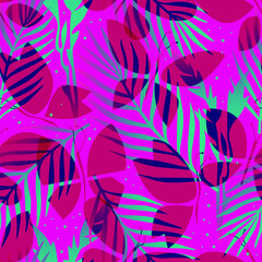 Tropical leaves and butterflies. Summer background. Seamless pattern. Vector illustration.
