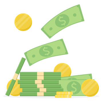 Stack Of Dollars And Coins. Big Money Payout. Receiving A Salary Or Other Payment. Vector Illustration In Flat Style