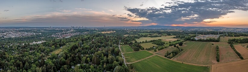 Drone panorama over the skyline of Frankfurt am Mai from Lohrberg